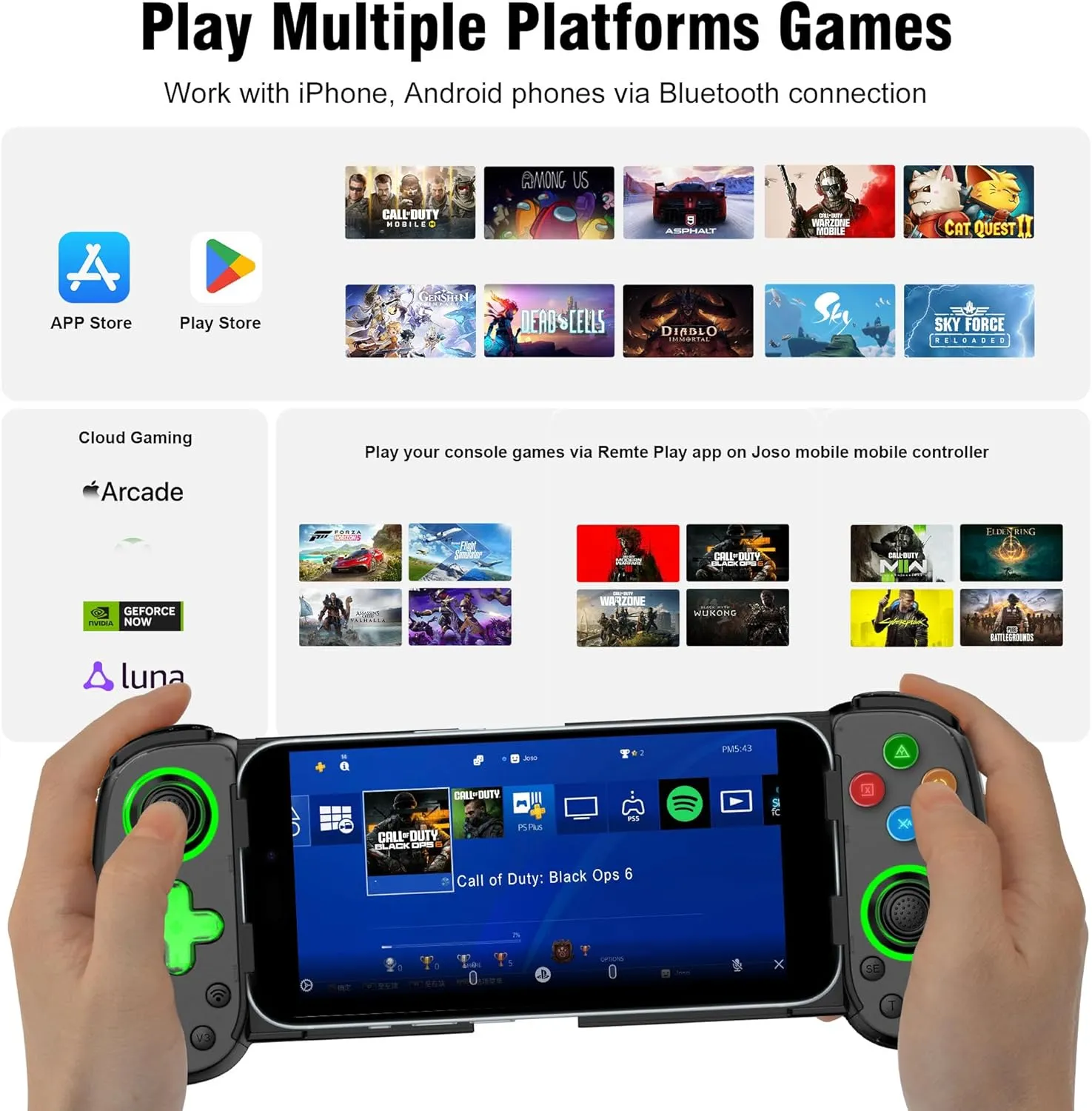 Wireless Phone Controller for iPhone/Android, Mobile Game Controller with Hall Joystick Suitable for Xbox Cloud Gaming, PS Remote Play, Steam Link, Call of Duty & More - Black with Rocker Light