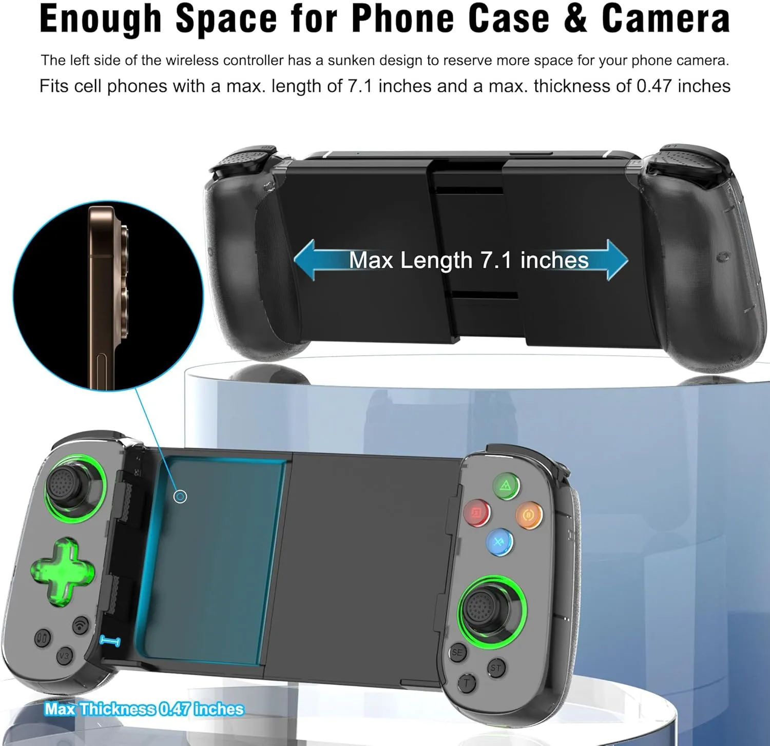 Wireless Phone Controller for iPhone/Android, Mobile Game Controller with Hall Joystick Suitable for Xbox Cloud Gaming, PS Remote Play, Steam Link, Call of Duty & More - Black with Rocker Light