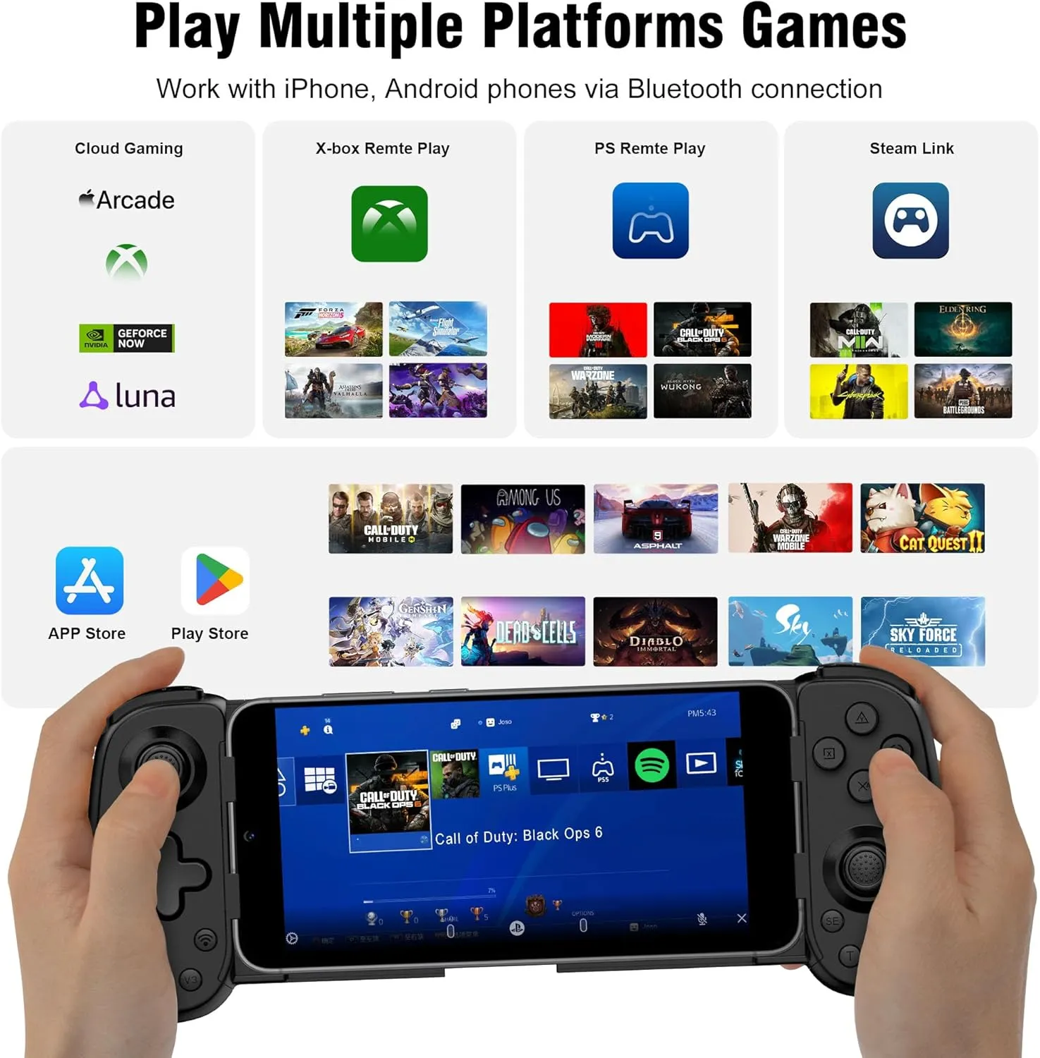 Wireless Phone Controller for iPhone/Android, Mobile Game Controller with Hall Joystick Suitable for Xbox Cloud Gaming, PS Remote Play, Steam Link, Call of Duty & More - Black