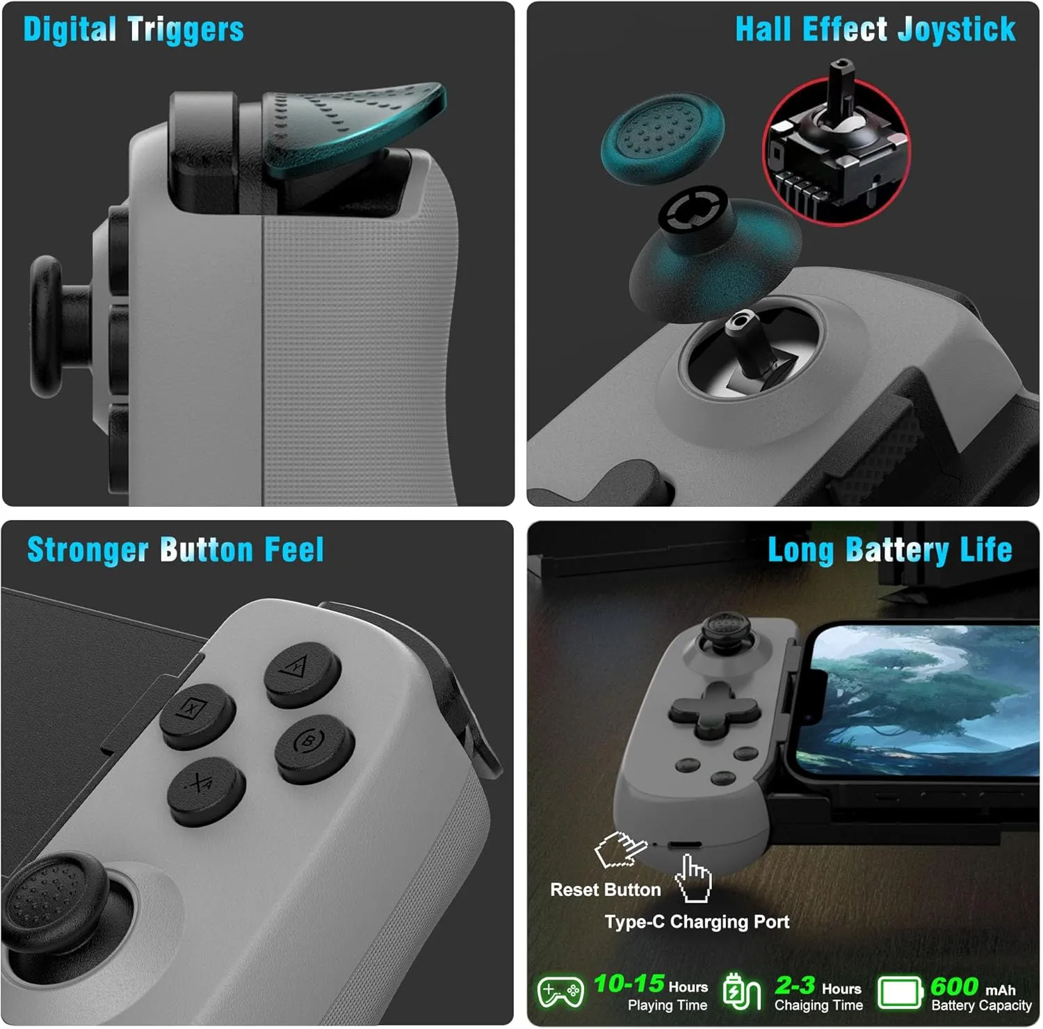 Wireless Phone Controller for iPhone/Android, Mobile Game Controller with Hall Joystick Suitable for Xbox Cloud Gaming, PS Remote Play, Steam Link, Call of Duty & More - Gray