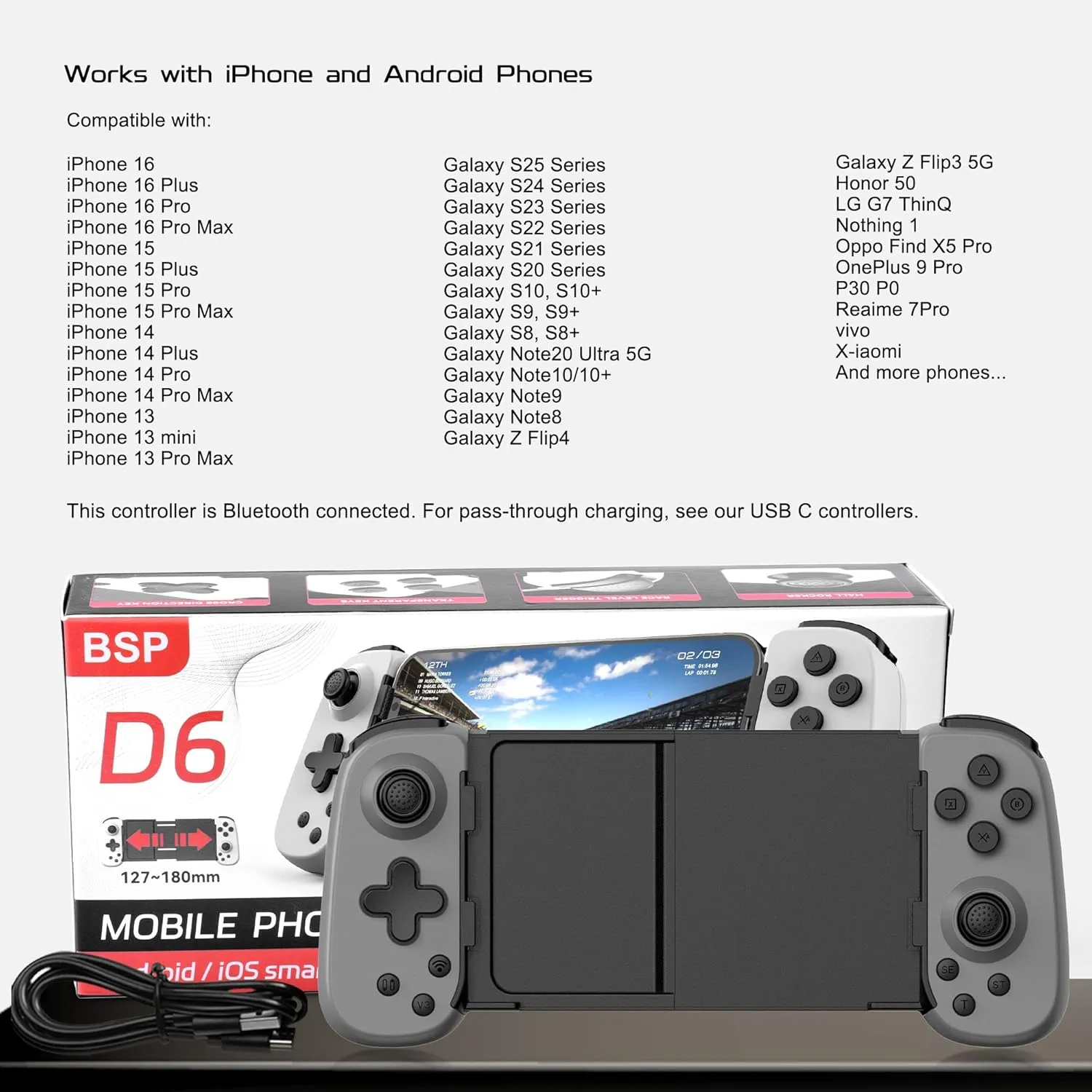 Wireless Phone Controller for iPhone/Android, Mobile Game Controller with Hall Joystick Suitable for Xbox Cloud Gaming, PS Remote Play, Steam Link, Call of Duty & More - Gray