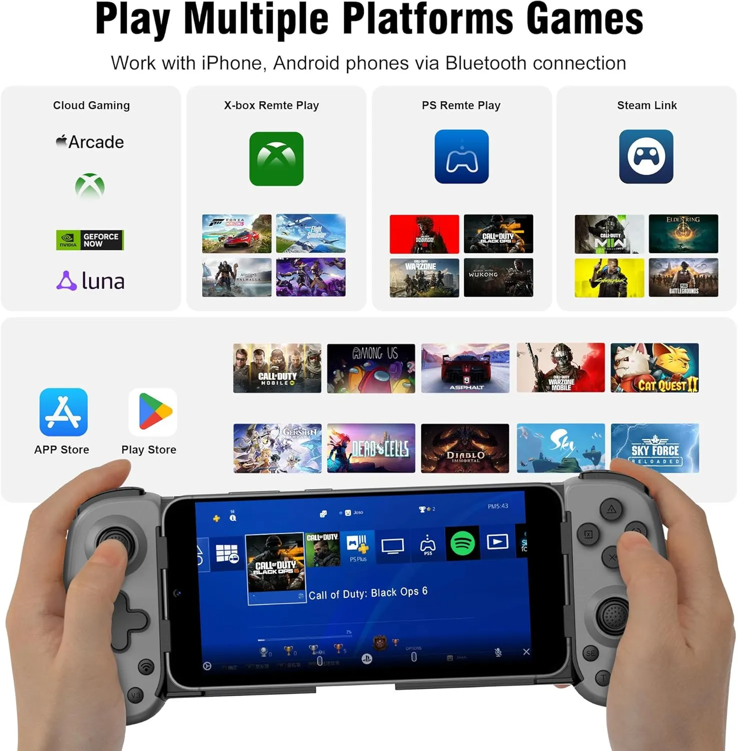 Wireless Phone Controller for iPhone/Android, Mobile Game Controller with Hall Joystick Suitable for Xbox Cloud Gaming, PS Remote Play, Steam Link, Call of Duty & More - Gray