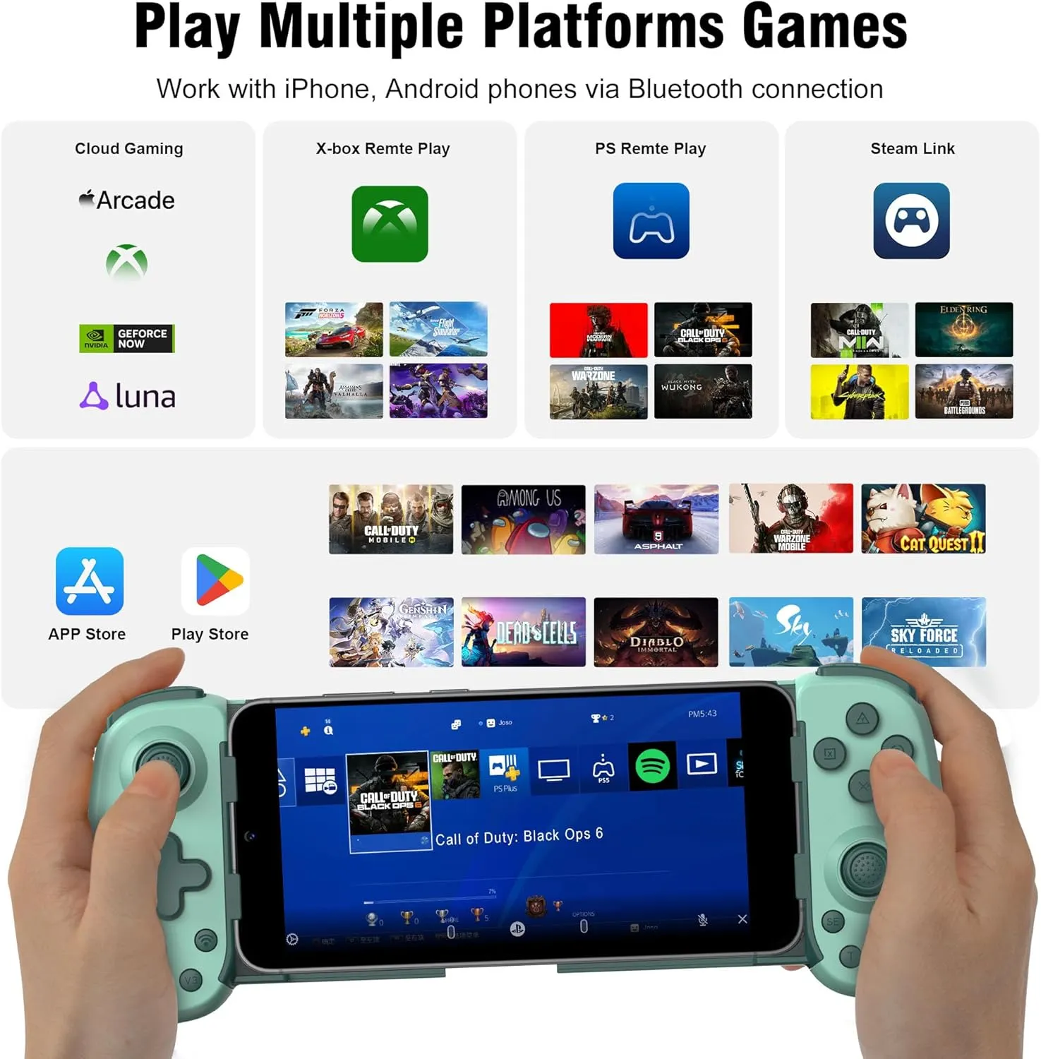Wireless Phone Controller for iPhone/Android, Mobile Game Controller with Hall Joystick Suitable for Xbox Cloud Gaming, PS Remote Play, Steam Link, Call of Duty & More - Green