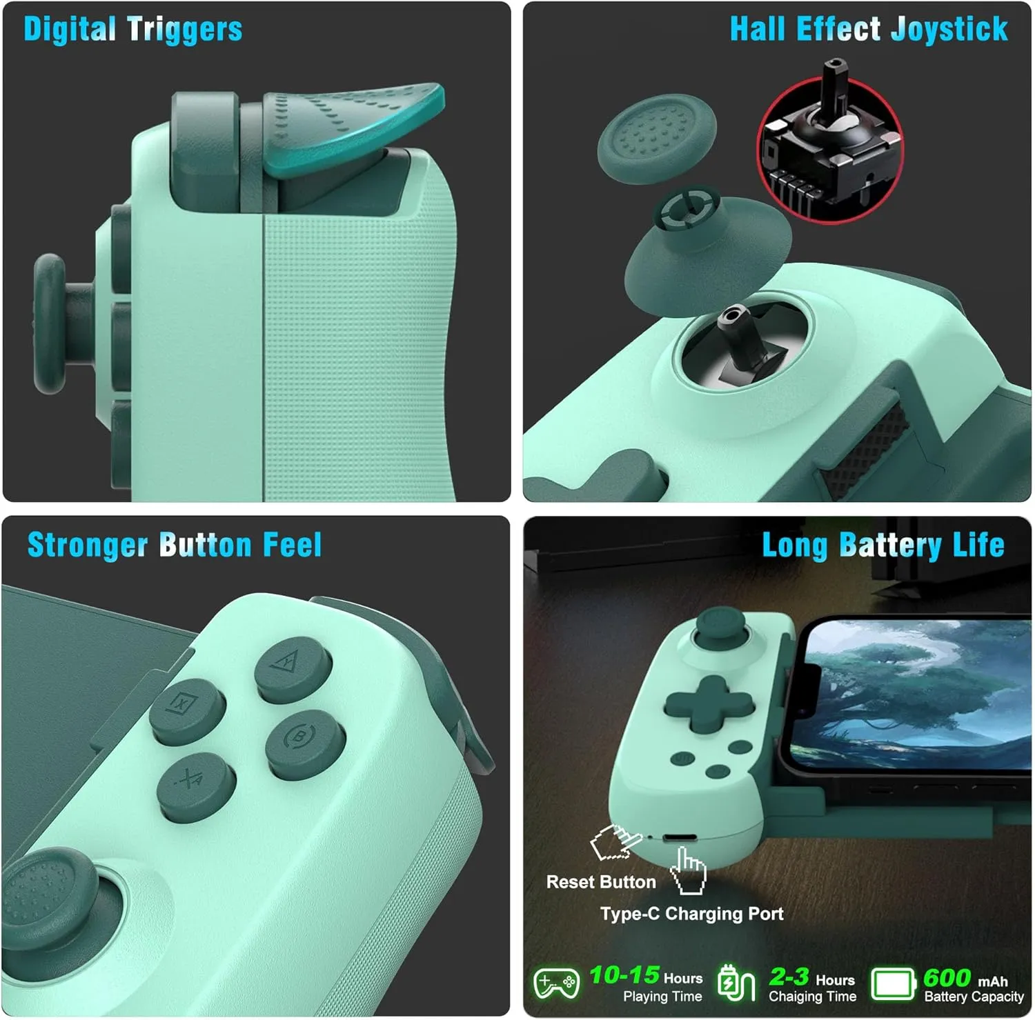 Wireless Phone Controller for iPhone/Android, Mobile Game Controller with Hall Joystick Suitable for Xbox Cloud Gaming, PS Remote Play, Steam Link, Call of Duty & More - Green