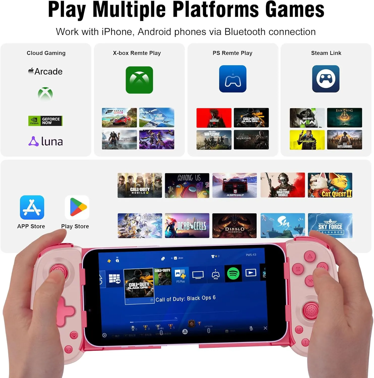 Wireless Phone Controller for iPhone/Android, Mobile Game Controller with Hall Joystick Suitable for Xbox Cloud Gaming, PS Remote Play, Steam Link, Call of Duty & More - Pink