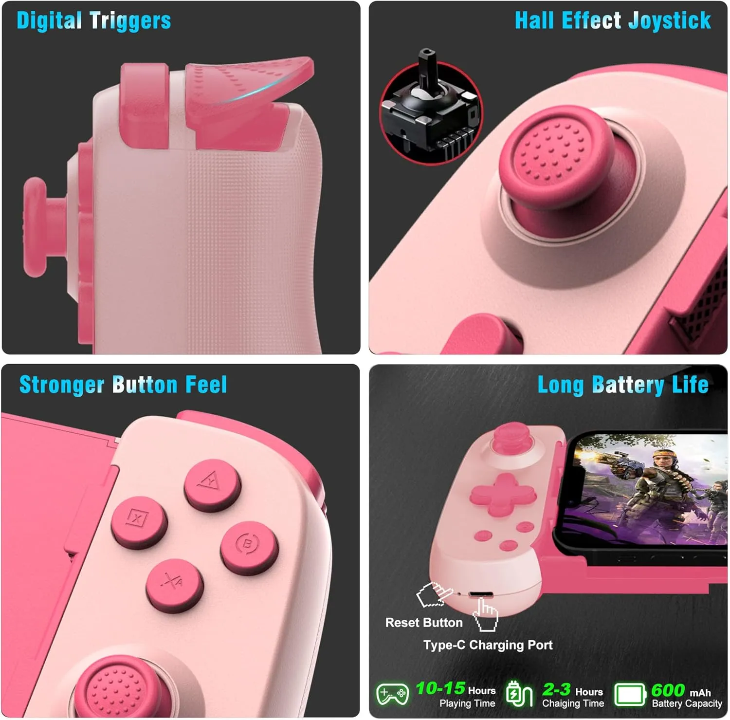 Wireless Phone Controller for iPhone/Android, Mobile Game Controller with Hall Joystick Suitable for Xbox Cloud Gaming, PS Remote Play, Steam Link, Call of Duty & More - Pink