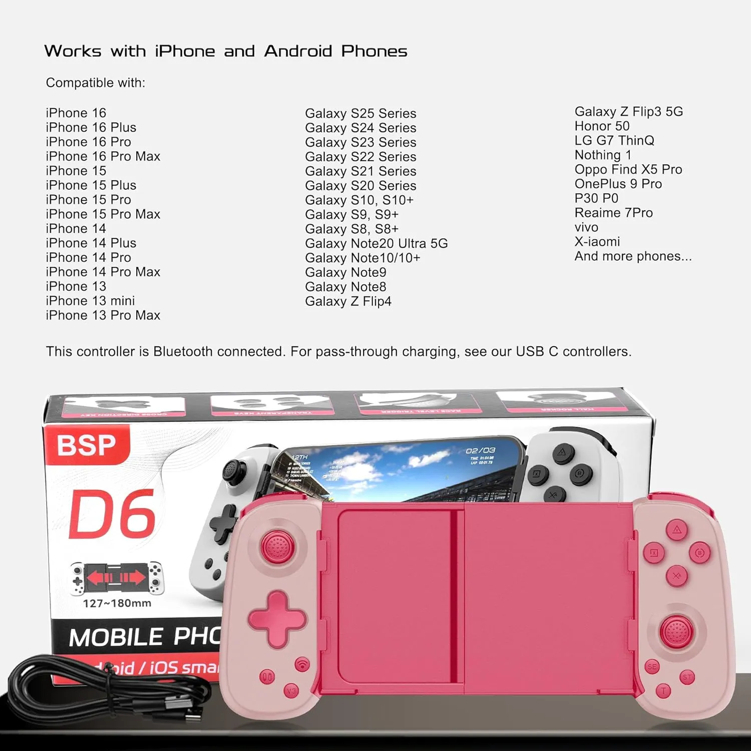 Wireless Phone Controller for iPhone/Android, Mobile Game Controller with Hall Joystick Suitable for Xbox Cloud Gaming, PS Remote Play, Steam Link, Call of Duty & More - Pink