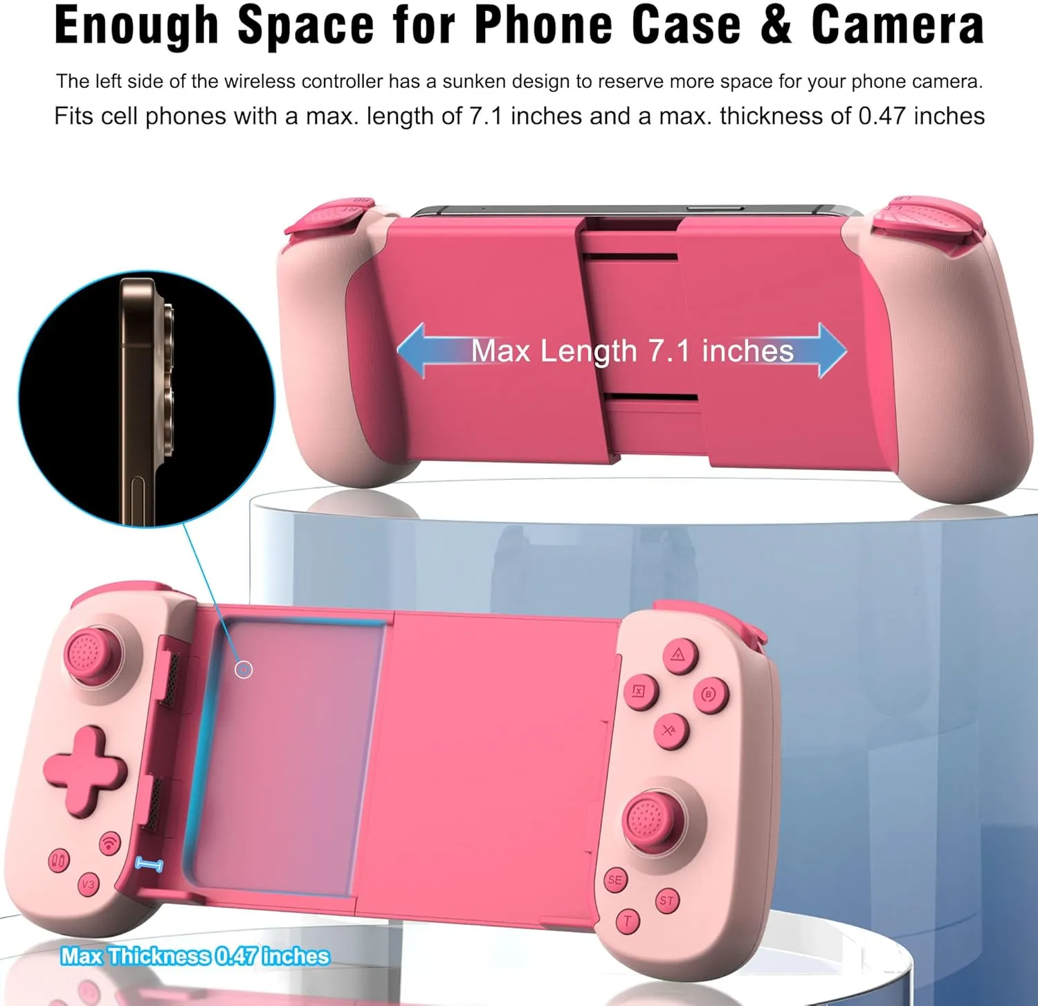 Wireless Phone Controller for iPhone/Android, Mobile Game Controller with Hall Joystick Suitable for Xbox Cloud Gaming, PS Remote Play, Steam Link, Call of Duty & More - Pink