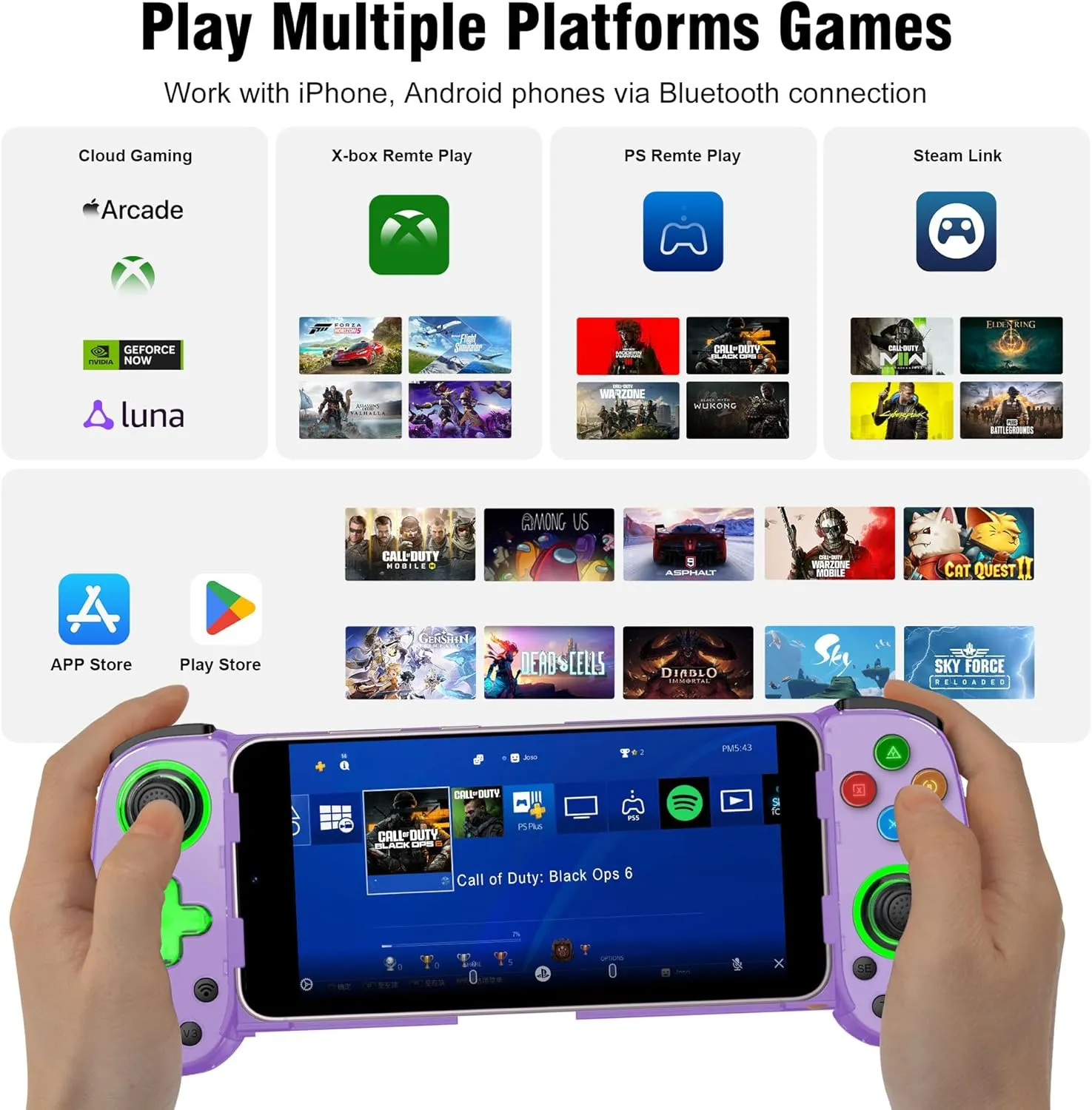 Wireless Phone Controller for iPhone/Android, Mobile Game Controller with Hall Joystick Suitable for Xbox Cloud Gaming, PS Remote Play, Steam Link, Call of Duty & More - Purple with Rocker Light