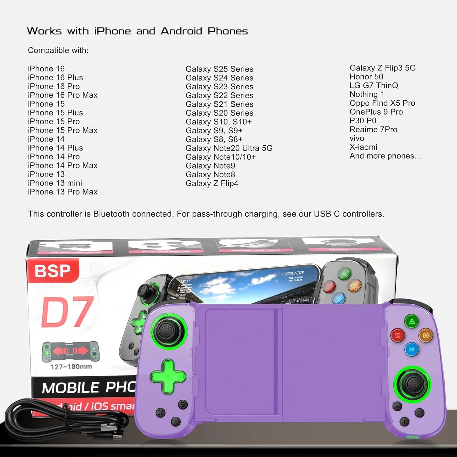 Wireless Phone Controller for iPhone/Android, Mobile Game Controller with Hall Joystick Suitable for Xbox Cloud Gaming, PS Remote Play, Steam Link, Call of Duty & More - Purple with Rocker Light