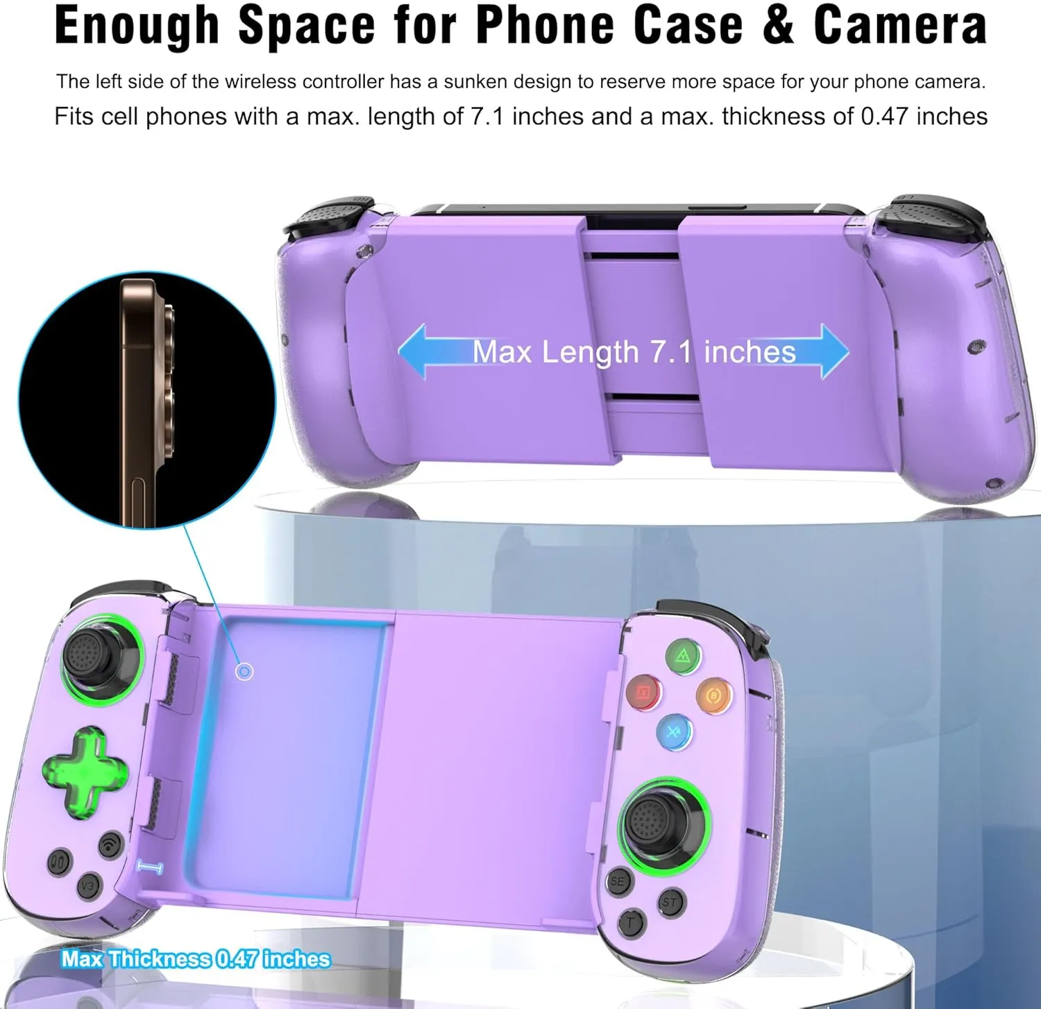 Wireless Phone Controller for iPhone/Android, Mobile Game Controller with Hall Joystick Suitable for Xbox Cloud Gaming, PS Remote Play, Steam Link, Call of Duty & More - Purple with Rocker Light