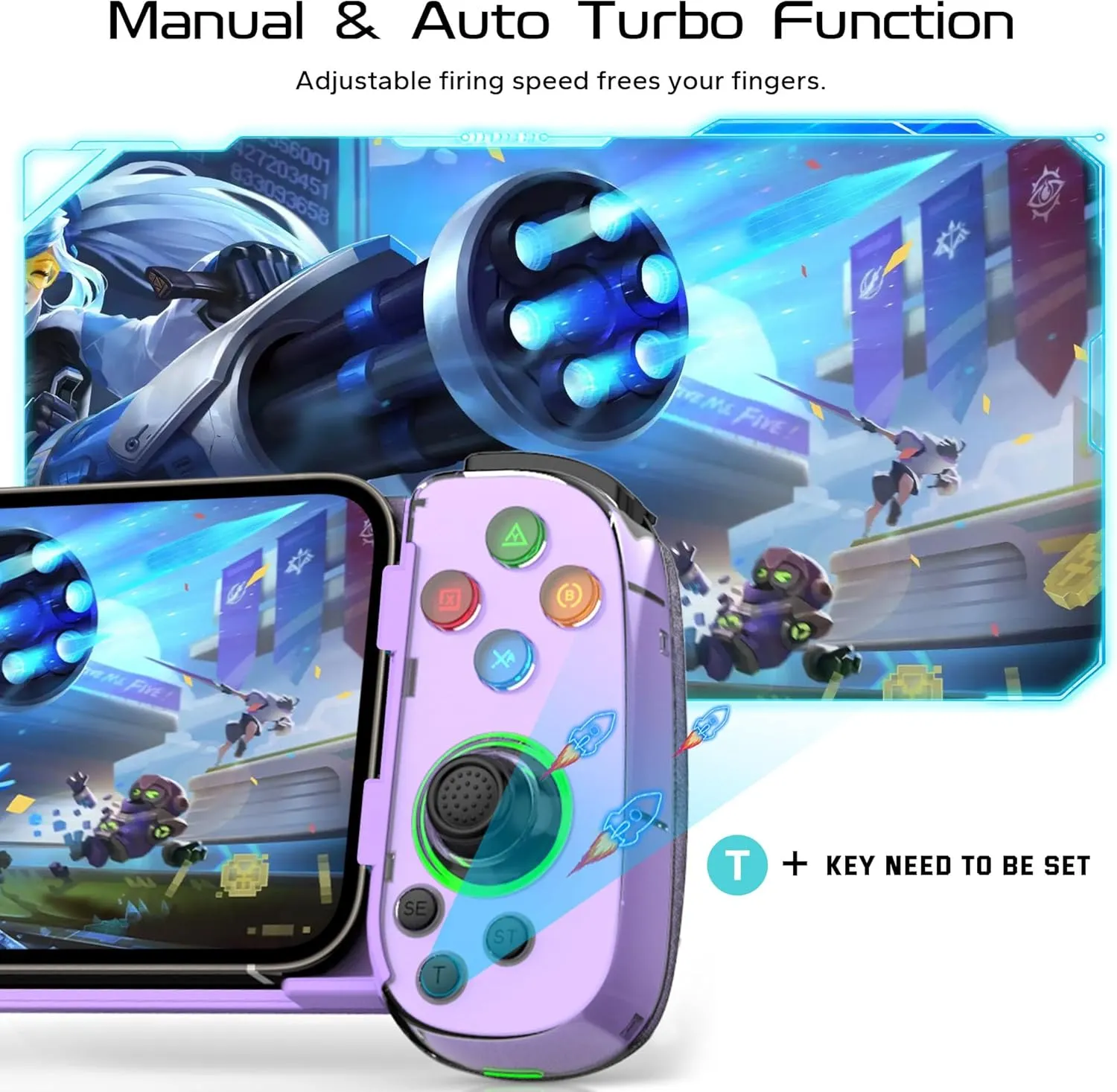Wireless Phone Controller for iPhone/Android, Mobile Game Controller with Hall Joystick Suitable for Xbox Cloud Gaming, PS Remote Play, Steam Link, Call of Duty & More - Purple with Rocker Light