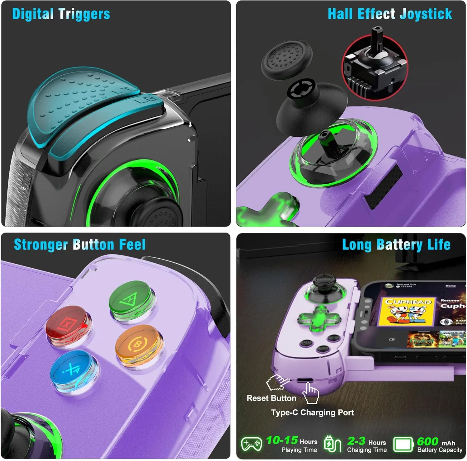 Wireless Phone Controller for iPhone/Android, Mobile Game Controller with Hall Joystick Suitable for Xbox Cloud Gaming, PS Remote Play, Steam Link, Call of Duty & More - Purple with Rocker Light