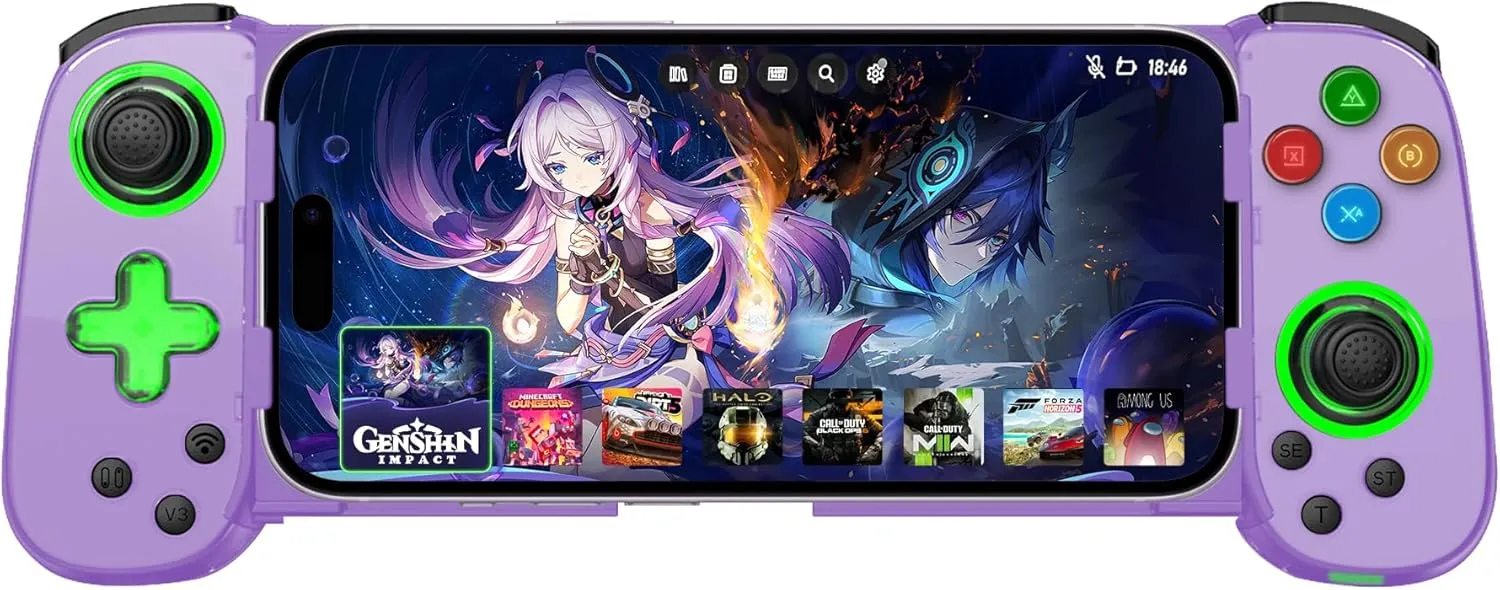 Wireless Phone Controller for iPhone/Android, Mobile Game Controller with Hall Joystick Suitable for Xbox Cloud Gaming, PS Remote Play, Steam Link, Call of Duty & More - Purple with Rocker Light