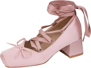 Women Ballet Heels Satin Cute Bow Heels Lace Up Square Toe Chunky Block Heel Ballerina Ribbon Pumps Lolita Kawaii Cosplay Shoes