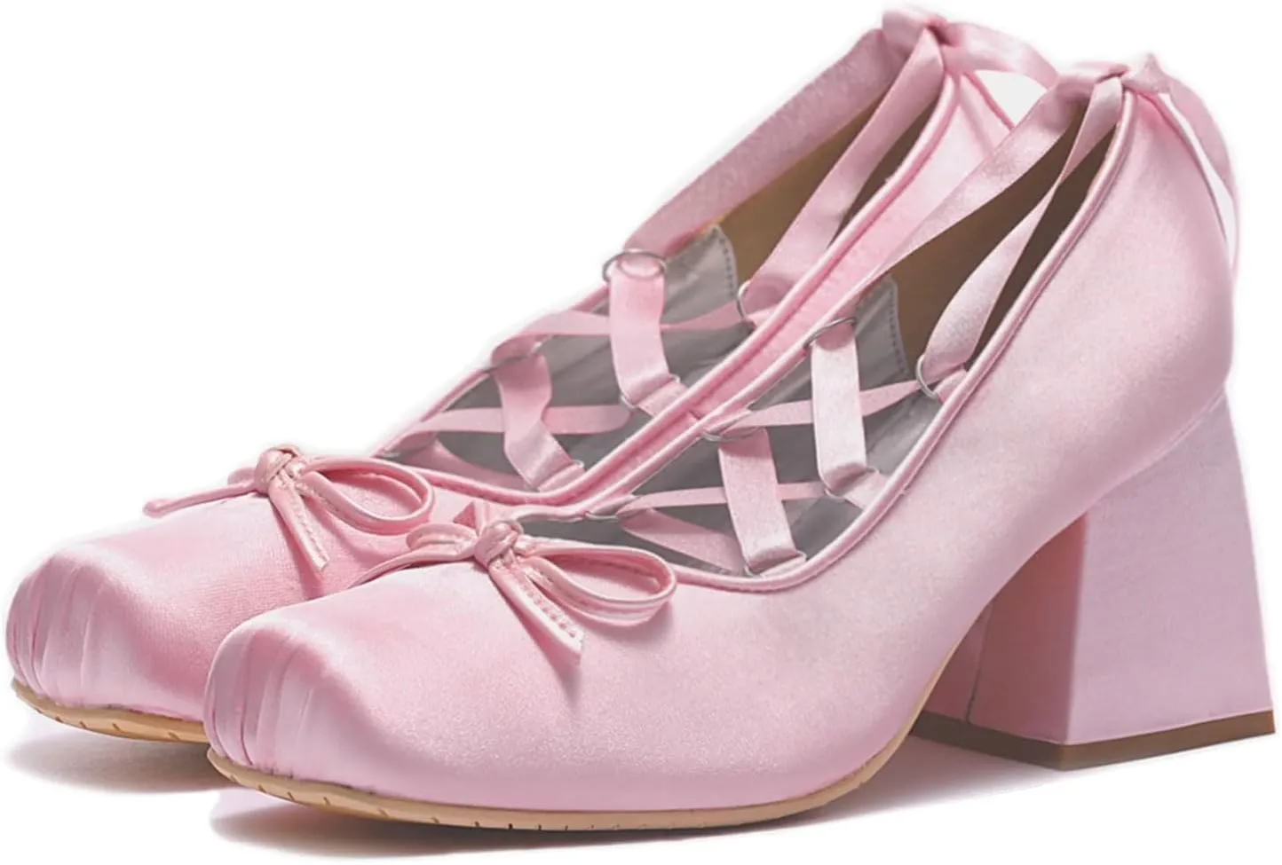 Women Ballet Heels Satin Cute Bow Heels Lace Up Square Toe Chunky Block Heel Ballerina Ribbon Pumps Lolita Kawaii Cosplay Shoes