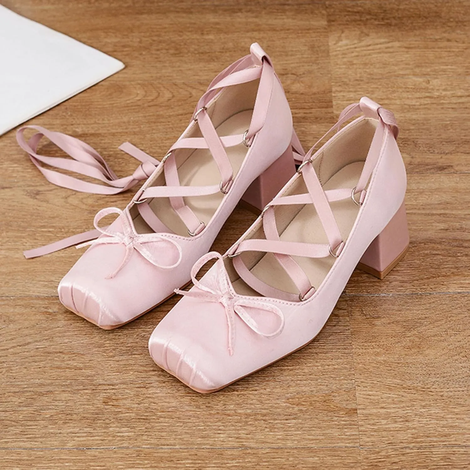 Women Ballet Heels Satin Cute Bow Heels Lace Up Square Toe Chunky Block Heel Ballerina Ribbon Pumps Lolita Kawaii Cosplay Shoes