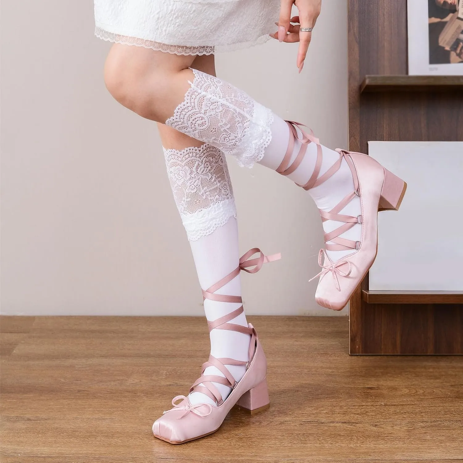 Women Ballet Heels Satin Cute Bow Heels Lace Up Square Toe Chunky Block Heel Ballerina Ribbon Pumps Lolita Kawaii Cosplay Shoes