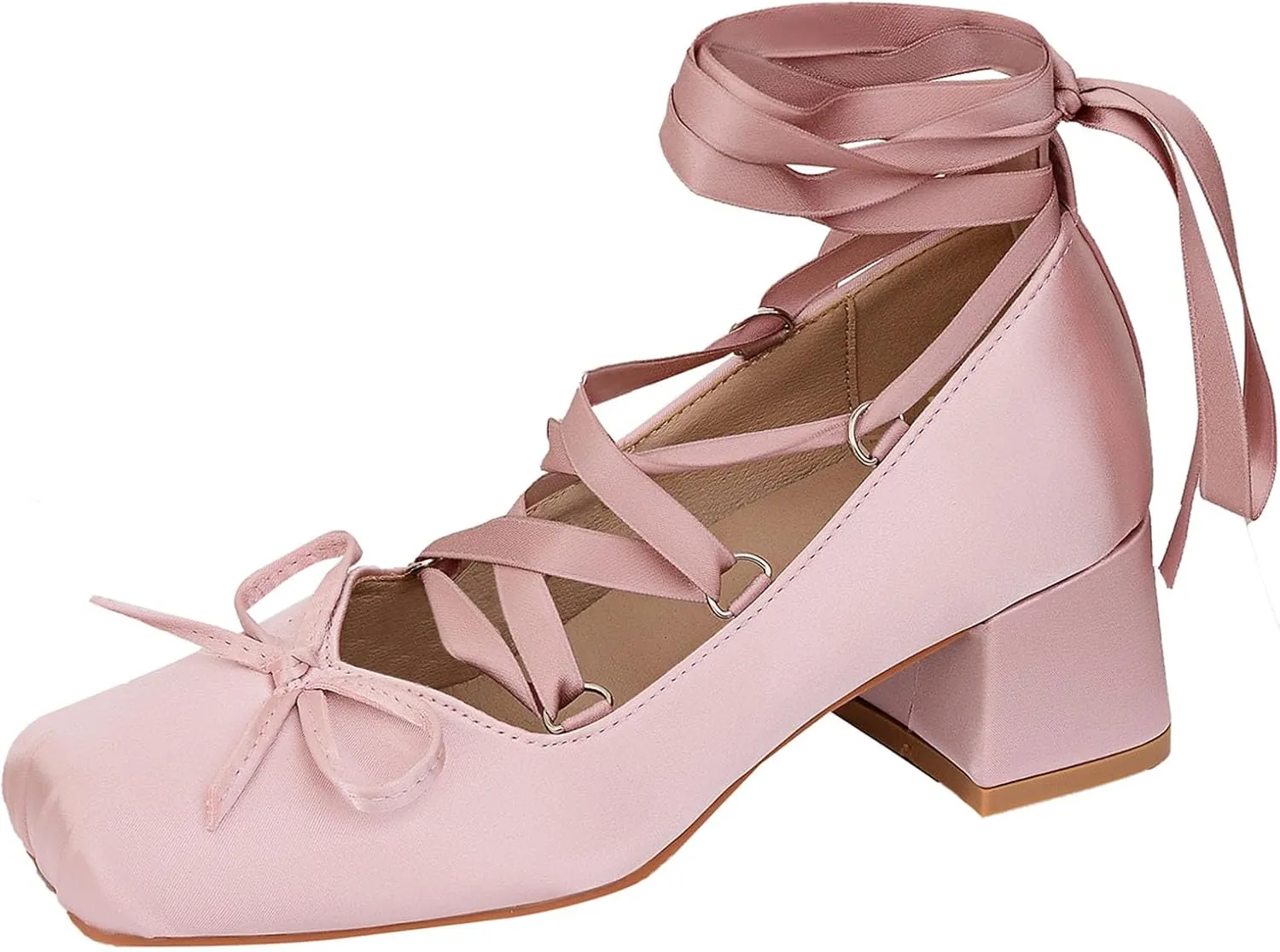 Women Ballet Heels Satin Cute Bow Heels Lace Up Square Toe Chunky Block Heel Ballerina Ribbon Pumps Lolita Kawaii Cosplay Shoes