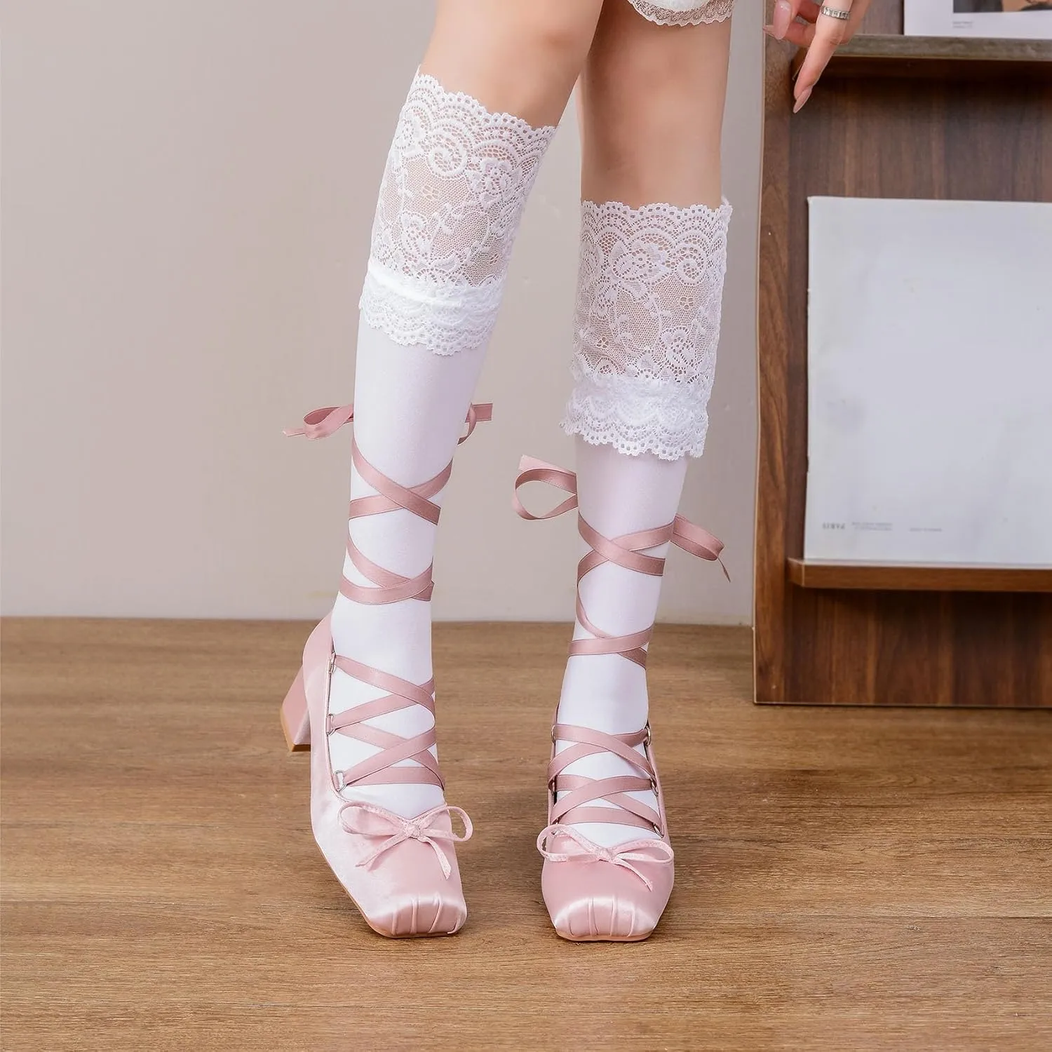 Women Ballet Heels Satin Cute Bow Heels Lace Up Square Toe Chunky Block Heel Ballerina Ribbon Pumps Lolita Kawaii Cosplay Shoes