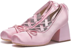 Women Ballet Heels Satin Cute Bow Heels Lace Up Square Toe Chunky Block Heel Ballerina Ribbon Pumps Lolita Kawaii Cosplay Shoes