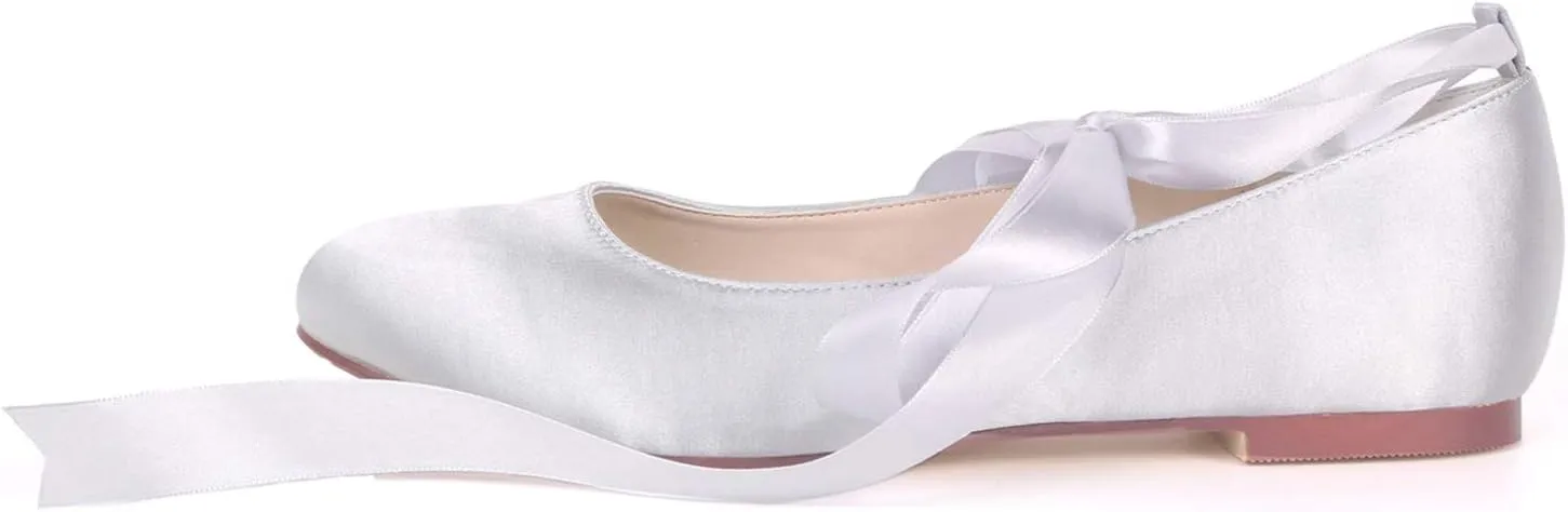 Women Flat Bridal Shoes Satin Ribbon Ballet Pumps Lace Up Closed Toe Wedding Prom Shoes