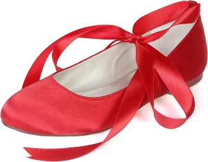 Women Flat Bridal Shoes Satin Ribbon Ballet Pumps Lace Up Closed Toe Wedding Prom Shoes