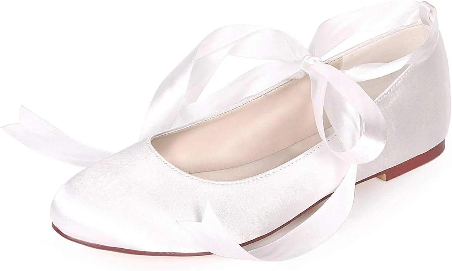 Women Flat Bridal Shoes Satin Ribbon Ballet Pumps Lace Up Closed Toe Wedding Prom Shoes