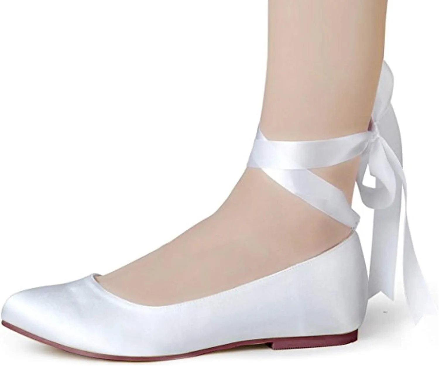 Women Flat Bridal Shoes Satin Ribbon Ballet Pumps Lace Up Closed Toe Wedding Prom Shoes
