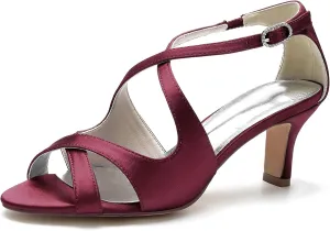 Women Peep Toe Heel Wedding Cross Strap Bridal Shoes Satin Sandals Ankle Strap Party Prom Pumps Mid Heel