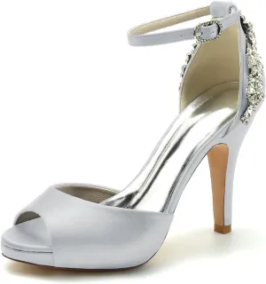 Women Peep Toe Rhinestones Sandals Satin Ankle Strap Bridal Pumps Ankle Buckle Evening Wedding Party Shoes Heel Wedding Sandals