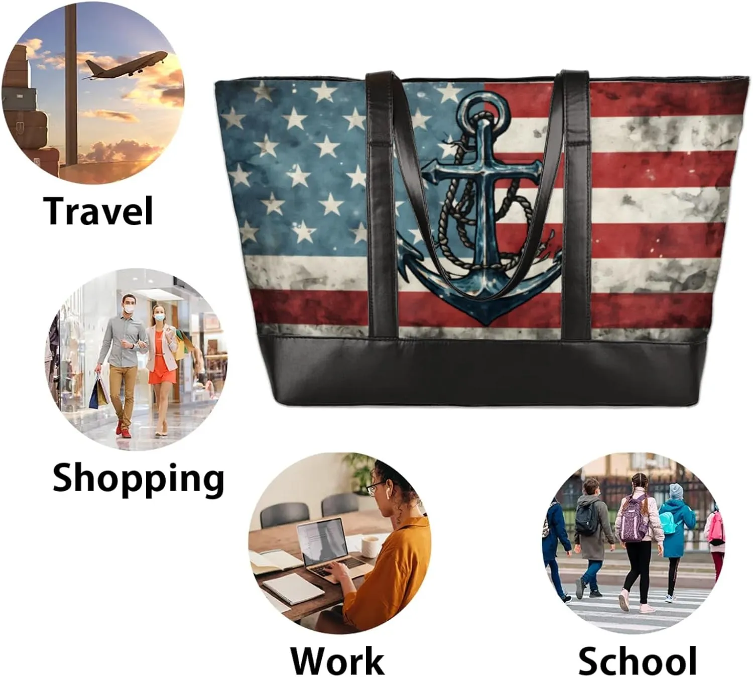 Women Tote Bag with Zipper, Shopper Handbag Travel Purse, PU Leather Laptop Tote Bags, Weekender Tote Bags