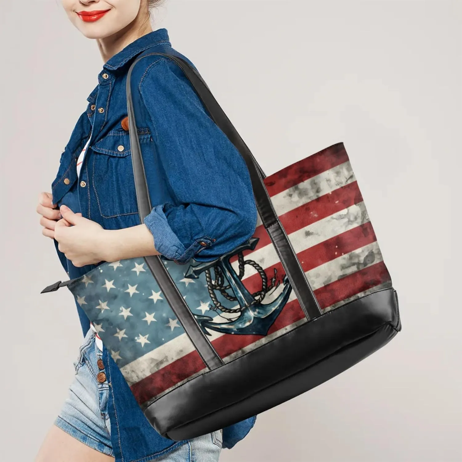 Women Tote Bag with Zipper, Shopper Handbag Travel Purse, PU Leather Laptop Tote Bags, Weekender Tote Bags