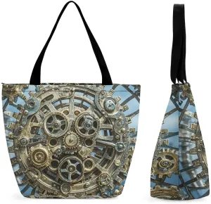 Women Tote Bags with Handles Cool Steampunk Gears Shoulder Bag with Zipper Handbags Shopping Bags Travel Bag Beach Bag Reusable Grocery Bag for Swim Holiday Gift