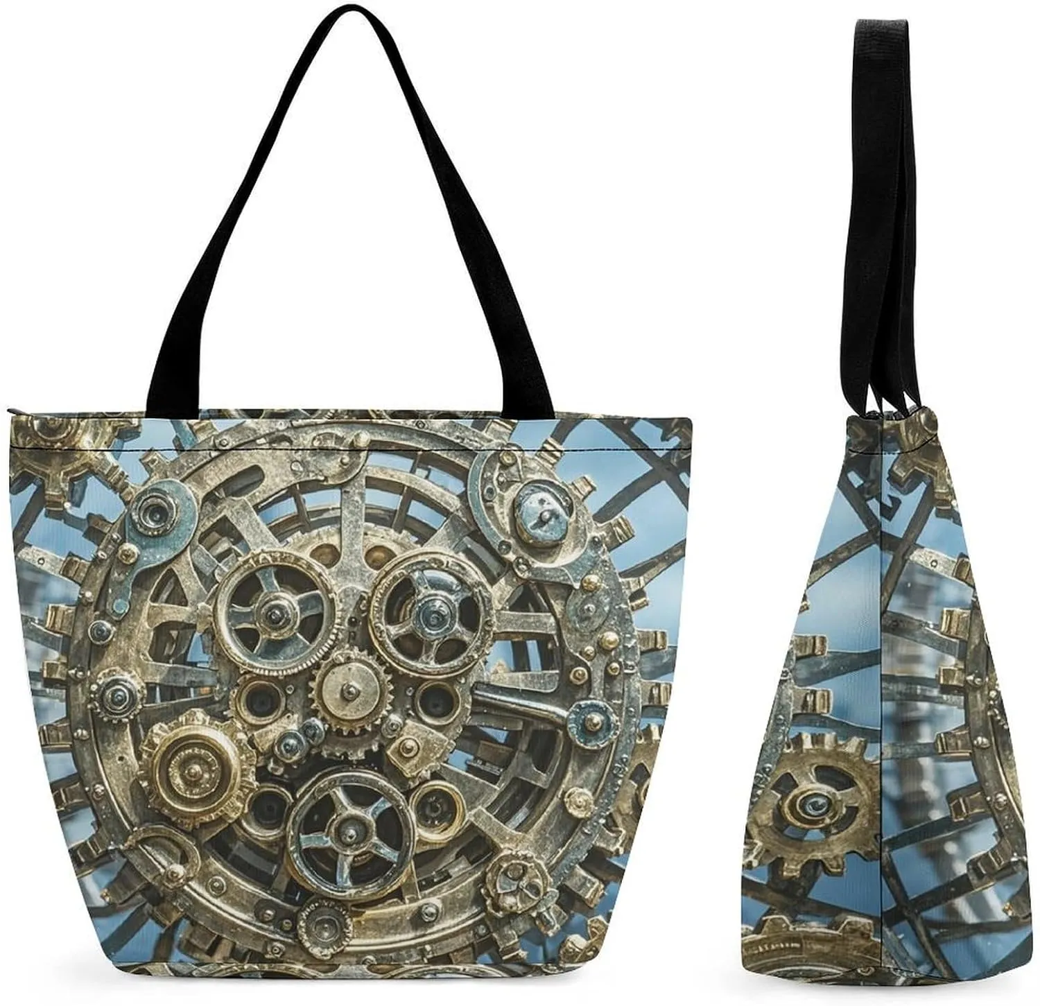 Women Tote Bags with Handles Cool Steampunk Gears Shoulder Bag with Zipper Handbags Shopping Bags Travel Bag Beach Bag Reusable Grocery Bag for Swim Holiday Gift