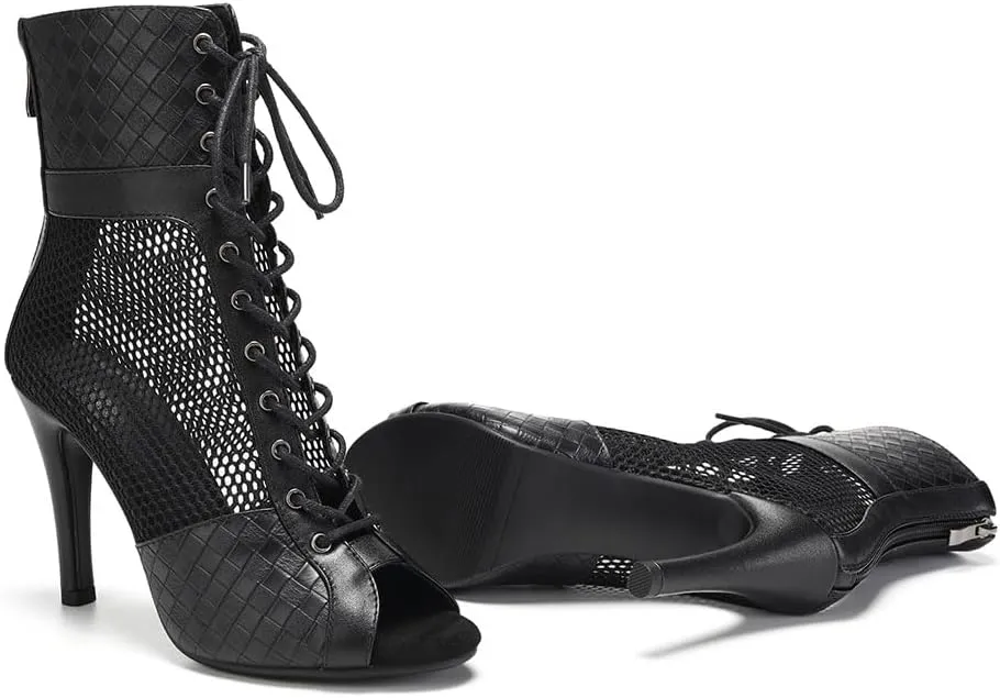 Women's Ankle Dance Boots Peep Toe Mesh Lace Up Back Zipper Ballroom Practice