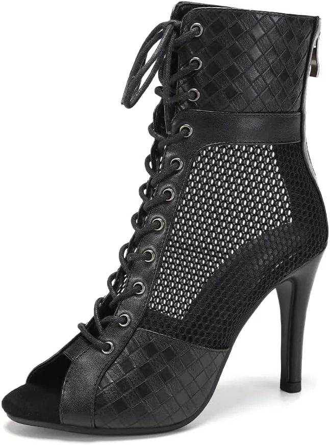 Women's Ankle Dance Boots Peep Toe Mesh Lace Up Back Zipper Ballroom Practice