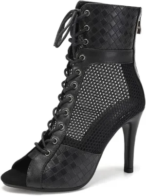 Women's Ankle Dance Boots Peep Toe Mesh Lace Up Back Zipper Ballroom Practice