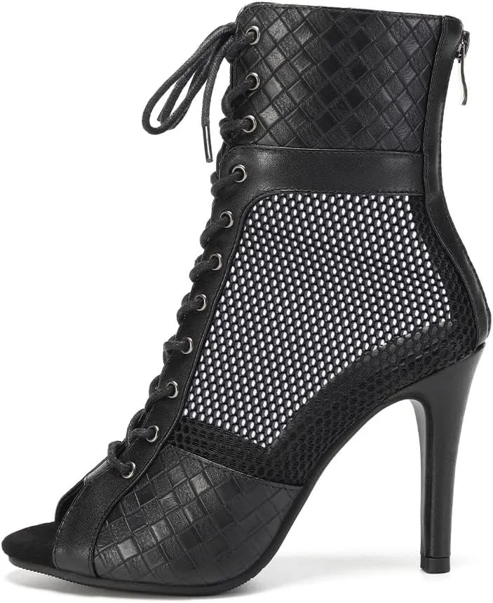 Women's Ankle Dance Boots Peep Toe Mesh Lace Up Back Zipper Ballroom Practice