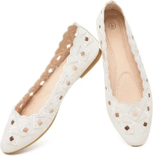 Women's Ballet Flats Shoes with Breathable Eyelet,Black and White Dress Shoes for Women,Soft Memoery Foam Flats for Women