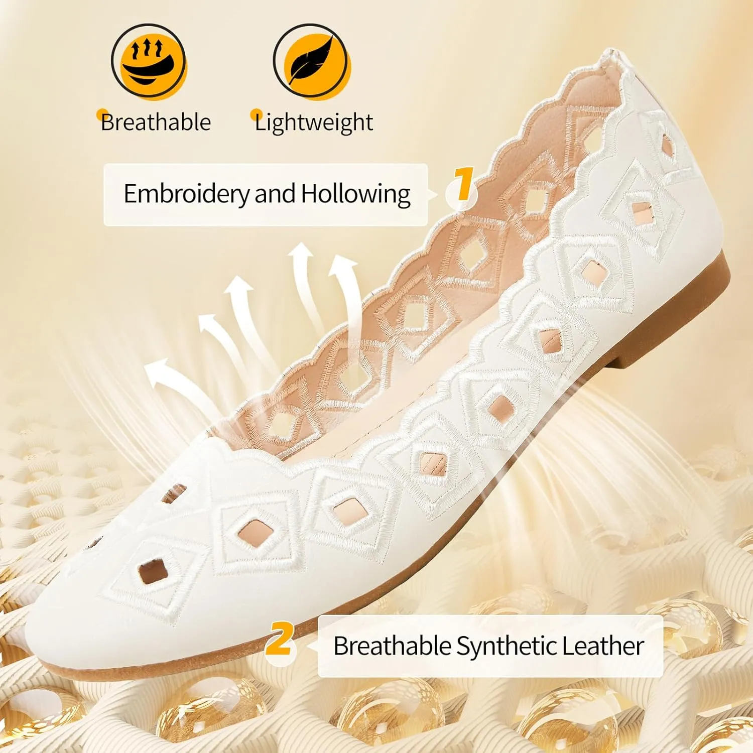 Women's Ballet Flats Shoes with Breathable Eyelet,Black and White Dress Shoes for Women,Soft Memoery Foam Flats for Women