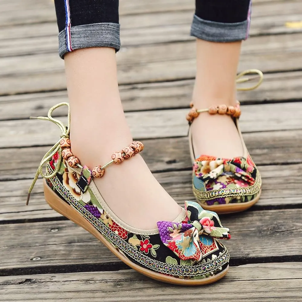 Women's Beading Round Toe Floral Embroidered Shoes Women Lace Up Colorful Casual Ballet Flats Shoes