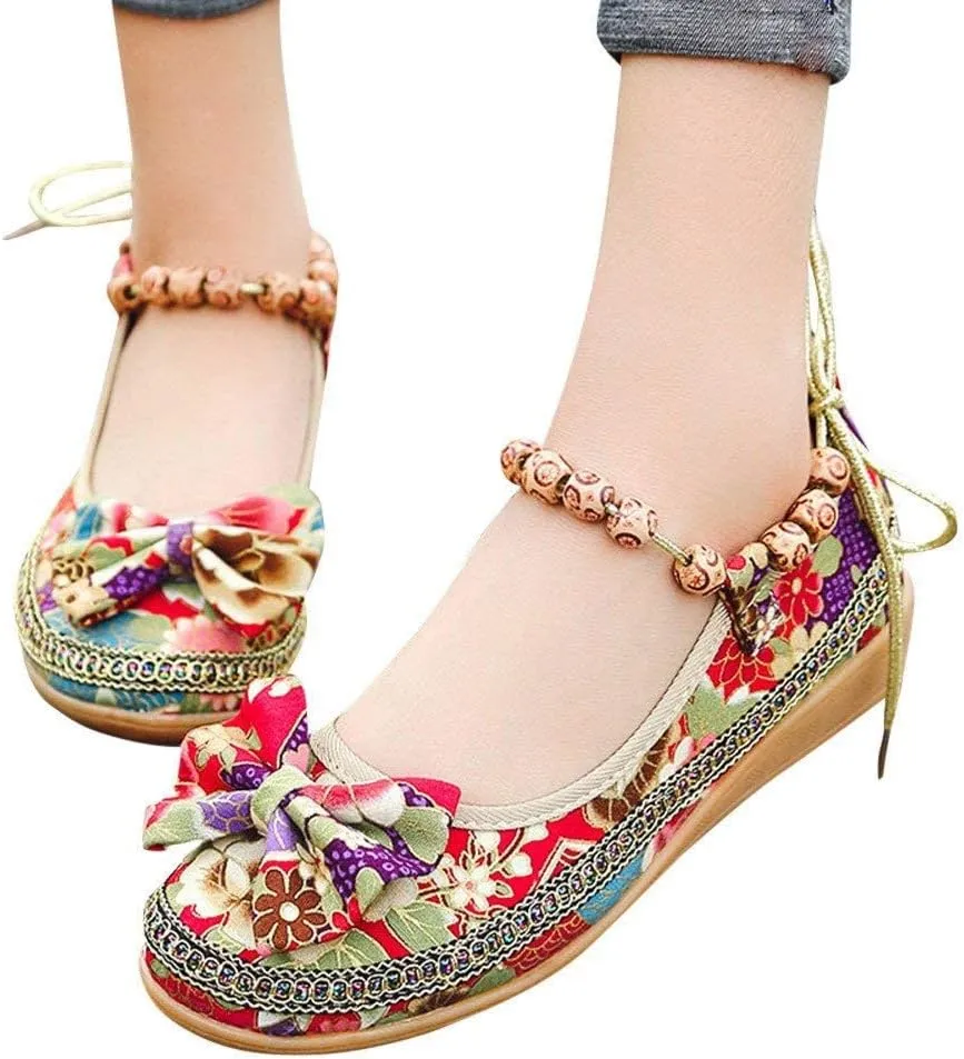 Women's Beading Round Toe Floral Embroidered Shoes Women Lace Up Colorful Casual Ballet Flats Shoes