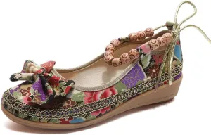 Women's Beading Round Toe Floral Embroidered Shoes Women Lace Up Colorful Casual Ballet Flats Shoes