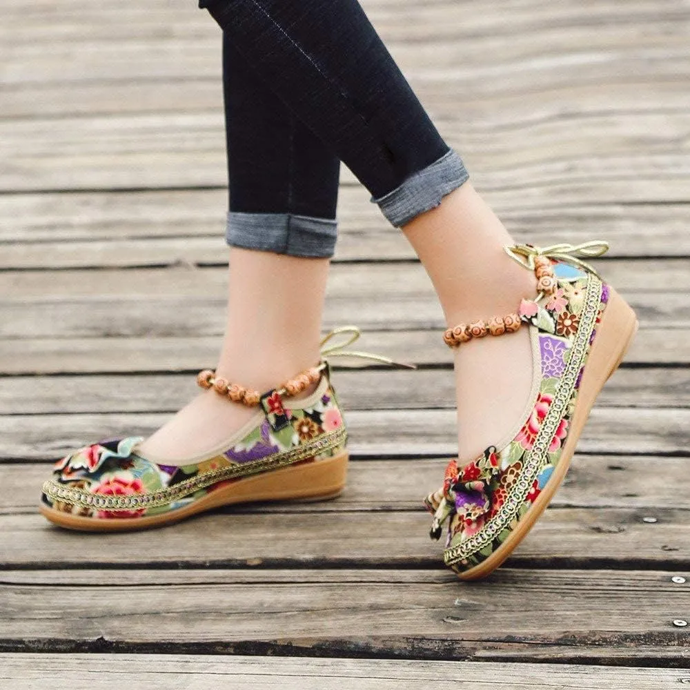 Women's Beading Round Toe Floral Embroidered Shoes Women Lace Up Colorful Casual Ballet Flats Shoes