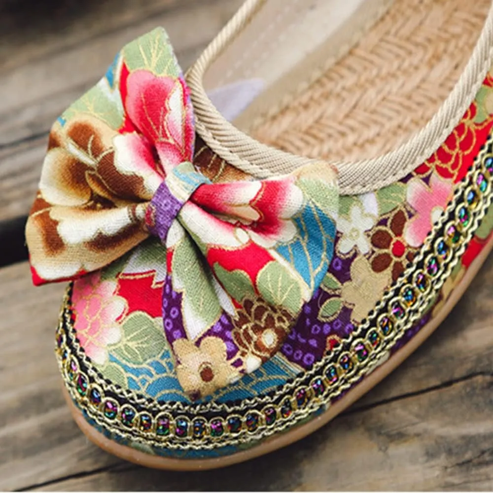 Women's Beading Round Toe Floral Embroidered Shoes Women Lace Up Colorful Casual Ballet Flats Shoes