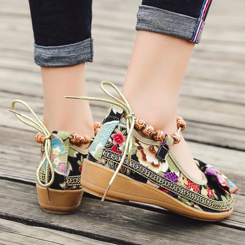 Women's Beading Round Toe Floral Embroidered Shoes Women Lace Up Colorful Casual Ballet Flats Shoes