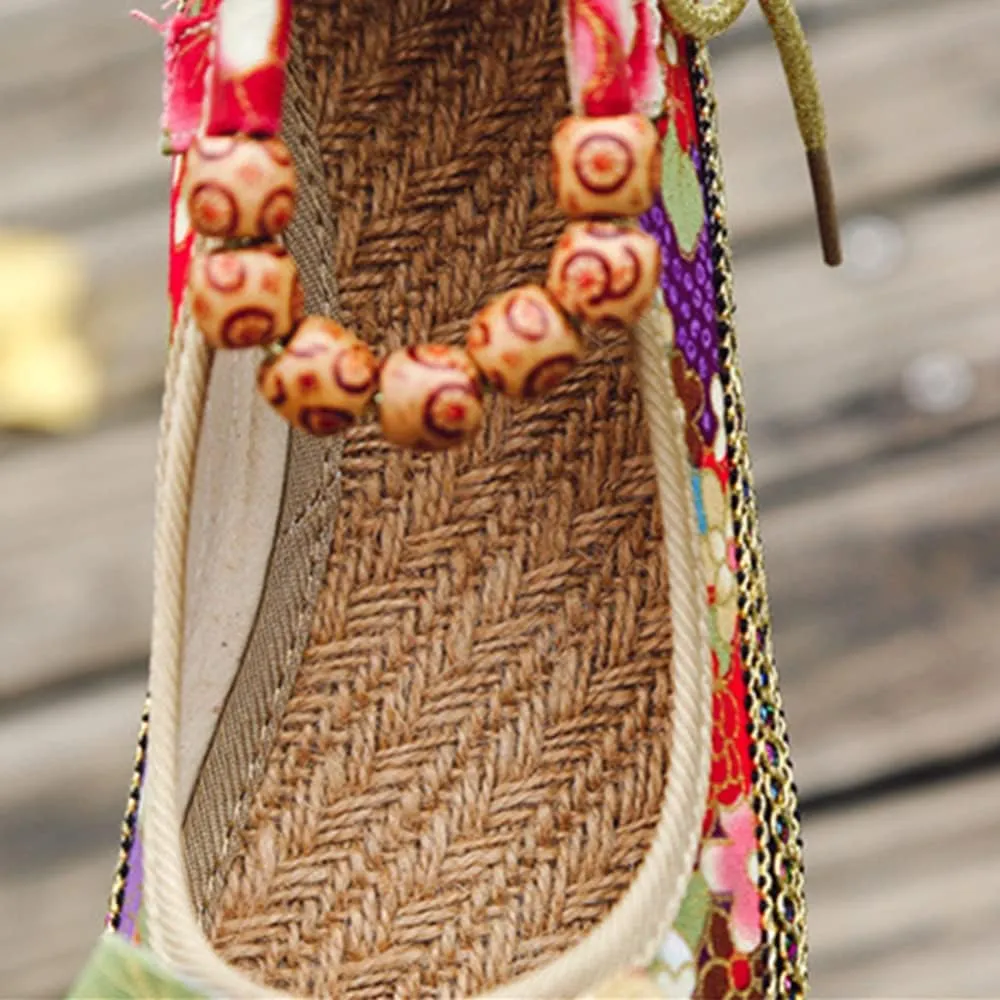 Women's Beading Round Toe Floral Embroidered Shoes Women Lace Up Colorful Casual Ballet Flats Shoes