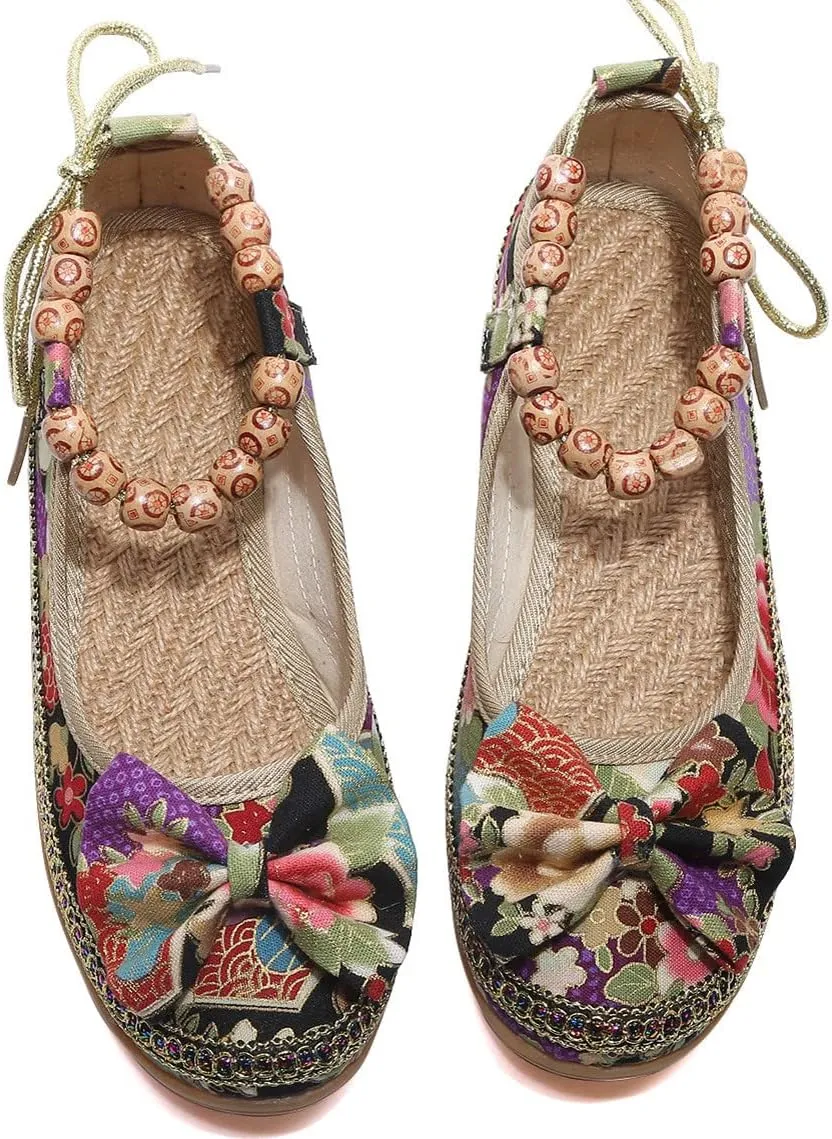 Women's Beading Round Toe Floral Embroidered Shoes Women Lace Up Colorful Casual Ballet Flats Shoes
