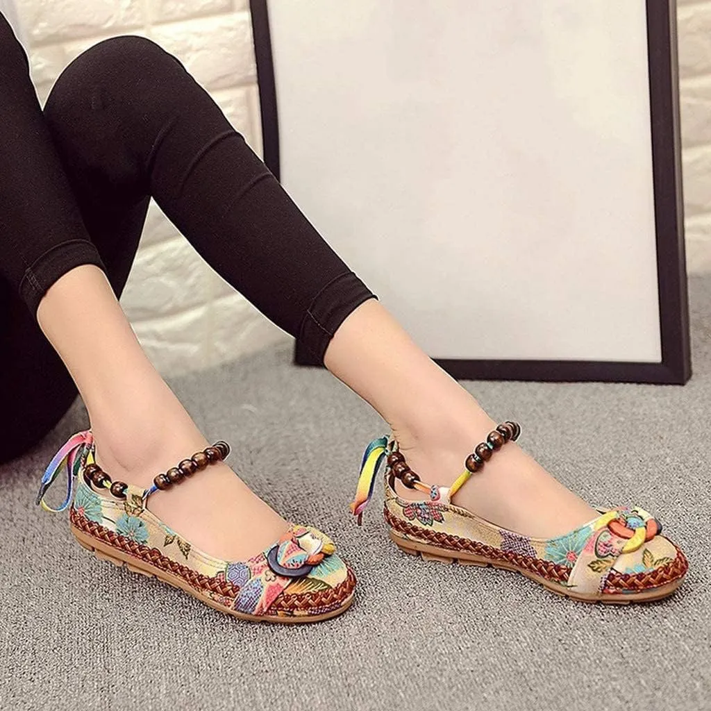 Women's Beading Round Toe Floral Embroidered Shoes Women Lace Up Colorful Casual Ballet Flats Shoes